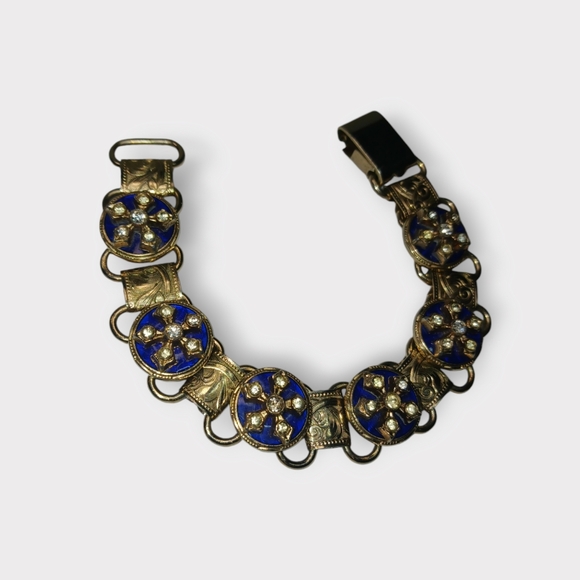 Vintage Silver Tone Bracelet Blue Enamel & Sky Blue-Green Rhinestones Elegant - Picture 6 of 12